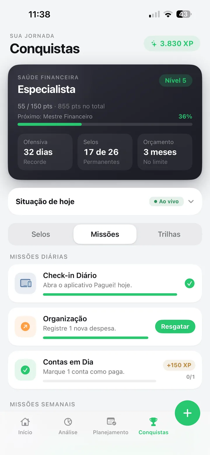 Missões do Paguei!: missões diárias como check-in, registrar uma despesa e marcar uma conta como paga, com XP por conclusão