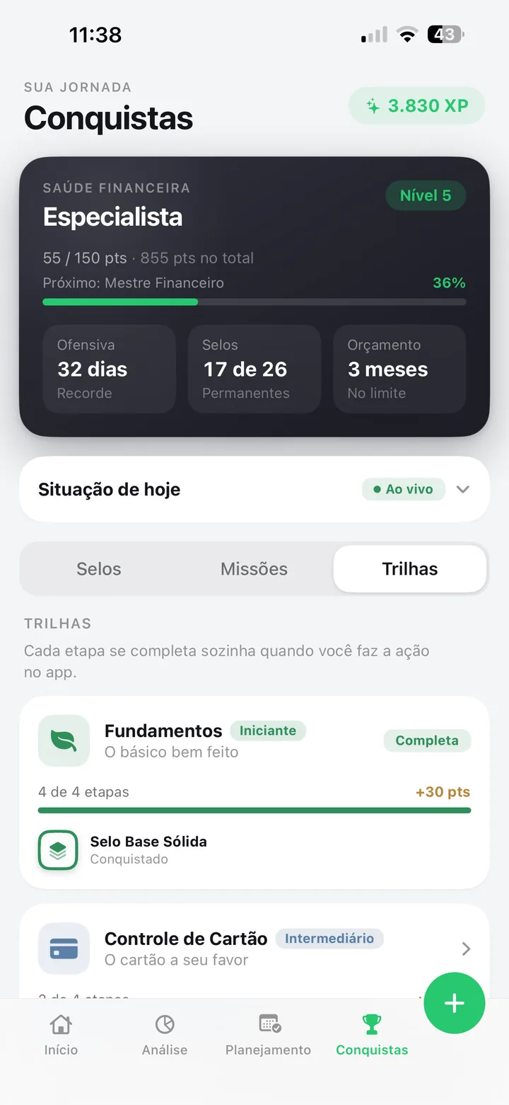 Trilhas do Paguei!: trilha Fundamentos completa com selo Base Sólida e trilha Controle de Cartão em andamento