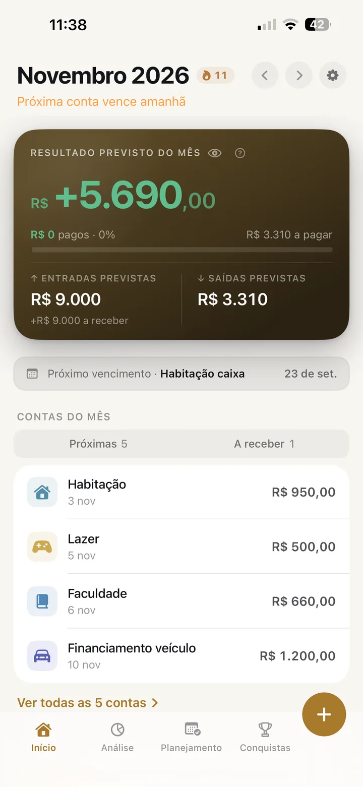 Paguei! no tema dourado: a tela de início com cartão e destaques em tons de dourado