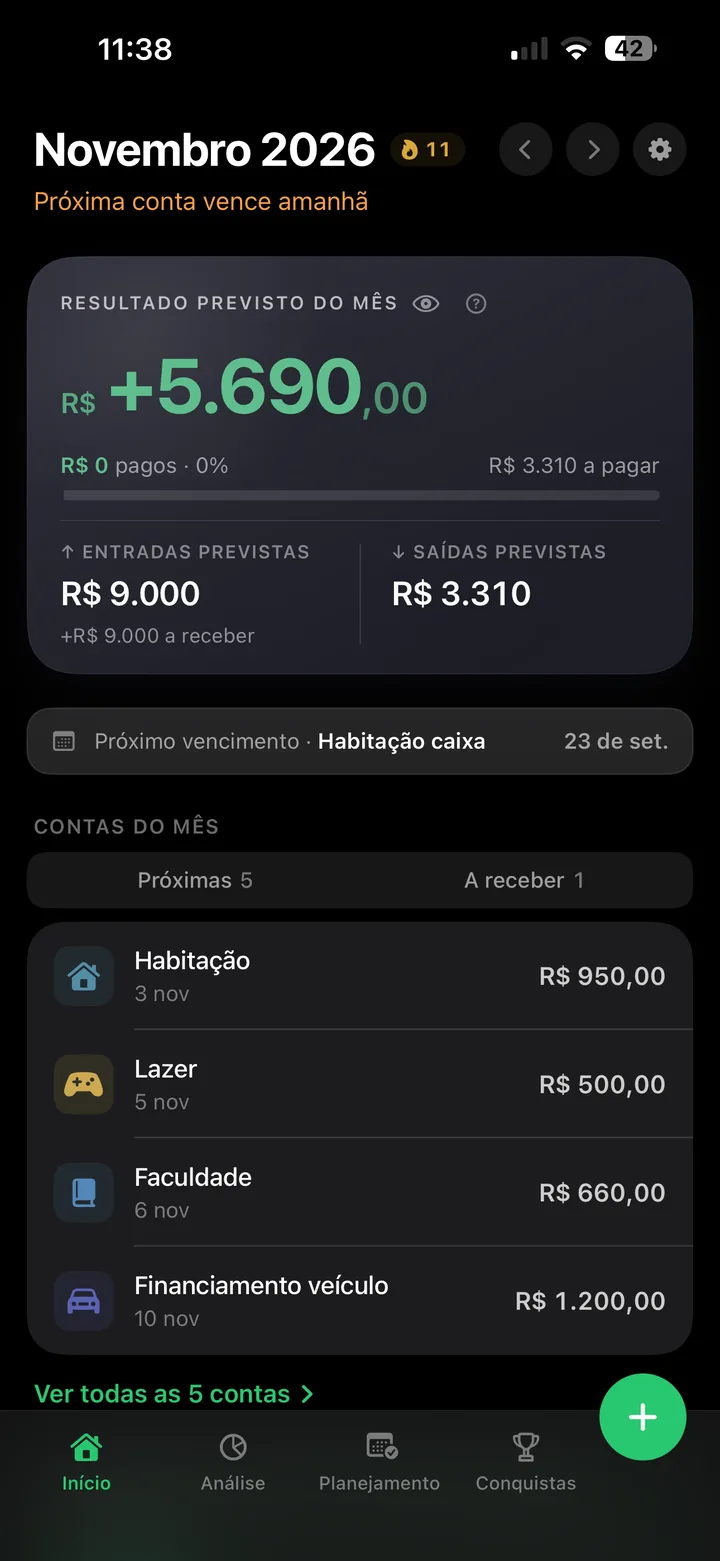 Paguei! no tema escuro: a mesma tela de início em preto, com destaque verde