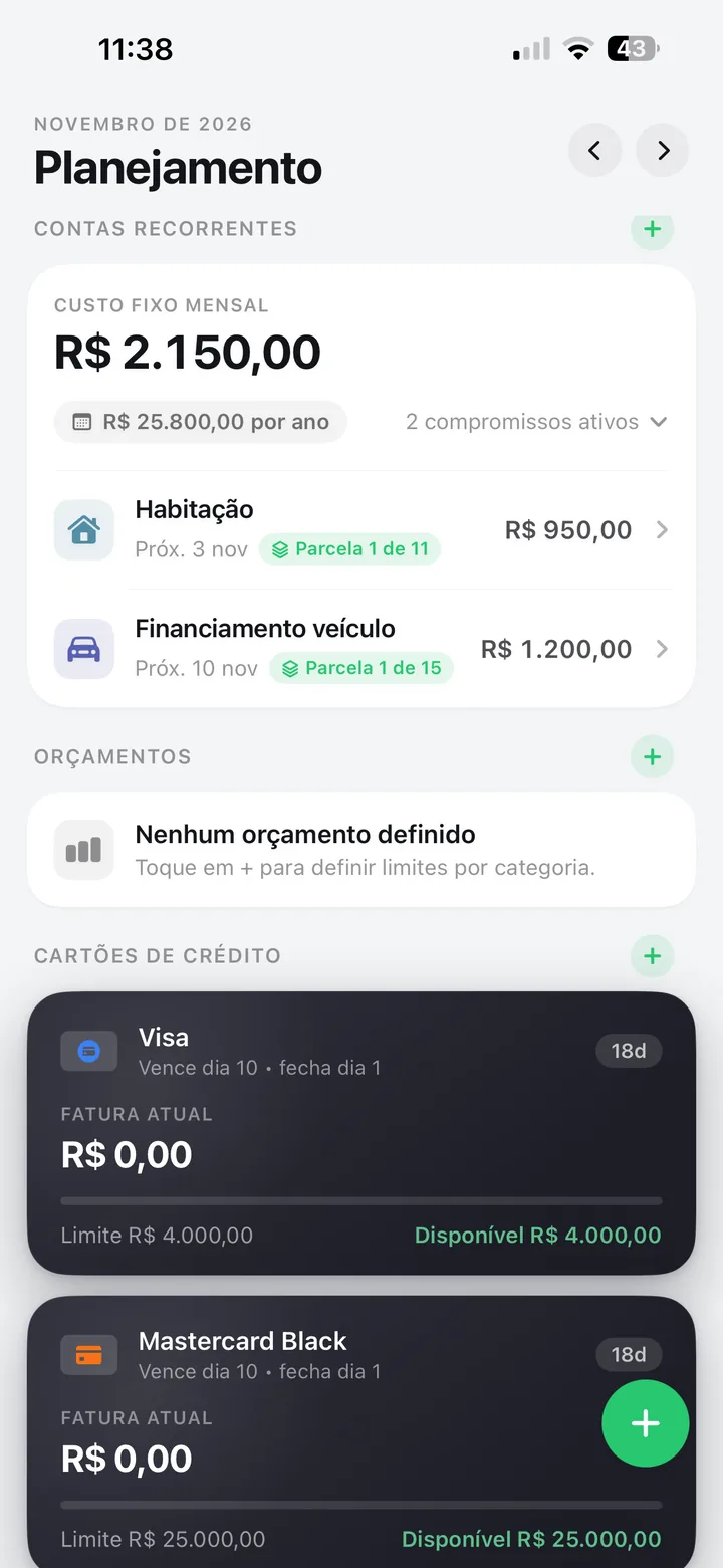 Planejamento do Paguei!: custo fixo mensal e anual, contas recorrentes com parcelas, orçamentos e cartões de crédito com fatura e limite